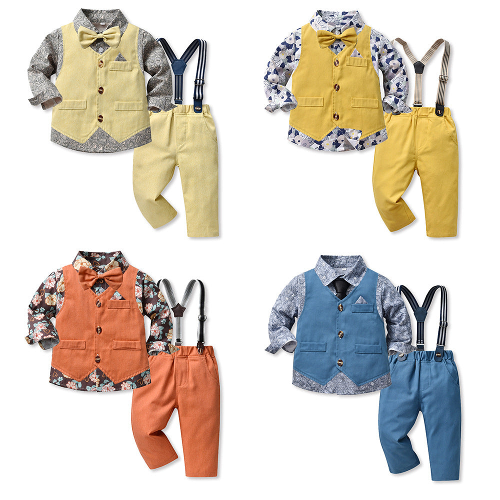 3 Pieces Set Baby Kid Boys Birthday Party Flower Bow Print Shirts And Vests Waistcoats And Solid Color Jumpsuits Wholesale 220916372