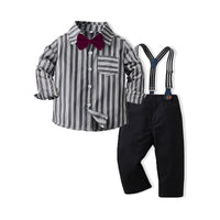 Load image into Gallery viewer, 2 Pieces Set Baby Kid Boys Birthday Party Striped Checked Bow Shirts And Solid Color Jumpsuits Wholesale 220916376
