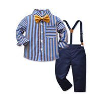 Load image into Gallery viewer, 2 Pieces Set Baby Kid Boys Birthday Party Striped Checked Bow Shirts And Solid Color Jumpsuits Wholesale 220916376
