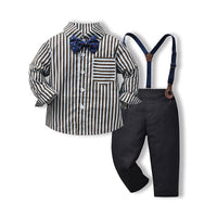 Load image into Gallery viewer, 2 Pieces Set Baby Kid Boys Birthday Party Striped Checked Bow Shirts And Solid Color Jumpsuits Wholesale 220916376
