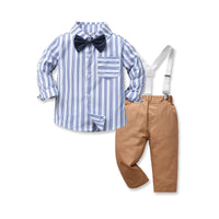 Load image into Gallery viewer, 2 Pieces Set Baby Kid Boys Birthday Party Striped Checked Bow Shirts And Solid Color Jumpsuits Wholesale 220916376
