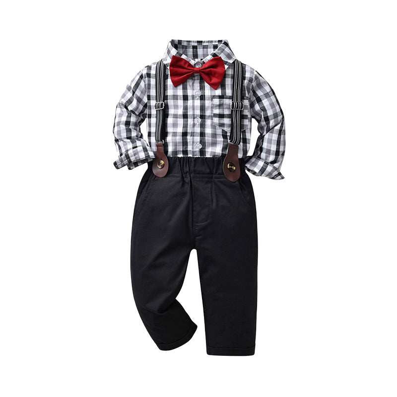 2 Pieces Set Baby Kid Boys Dressy Checked Plant Bow Print Shirts And Trousers Suits Wholesale 220916409