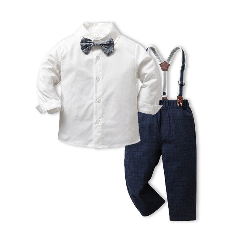 2 Pieces Set Baby Kid Boys Birthday Party Solid Color Bow Shirts And Checked Jumpsuits Wholesale 220916433