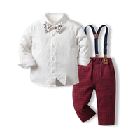 Load image into Gallery viewer, 2 Pieces Set Baby Kid Boys Birthday Party Solid Color Bow Shirts And Checked Jumpsuits Wholesale 220916433
