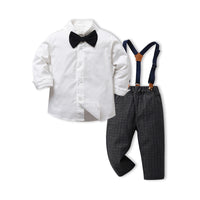 Load image into Gallery viewer, 2 Pieces Set Baby Kid Boys Birthday Party Solid Color Bow Shirts And Checked Jumpsuits Wholesale 220916433
