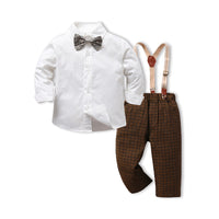 Load image into Gallery viewer, 2 Pieces Set Baby Kid Boys Birthday Party Solid Color Bow Shirts And Checked Jumpsuits Wholesale 220916433
