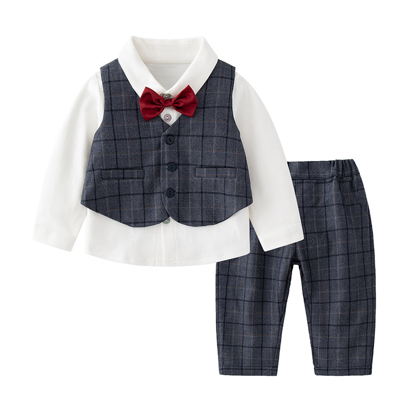 3 Pieces Set Baby Kid Boys Birthday Party Solid Color Bow Shirts Checked Vests Waistcoats And Pants Wholesale 220916440