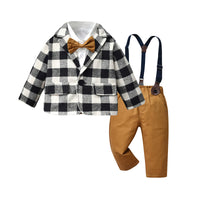 Load image into Gallery viewer, 3 Pieces Set Baby Kid Boys Checked Jackets Outwears And Solid Color Bow Shirts And Pants Suits Wholesale 220916541
