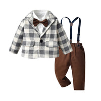 Load image into Gallery viewer, 3 Pieces Set Baby Kid Boys Checked Jackets Outwears And Solid Color Bow Shirts And Pants Suits Wholesale 220916541
