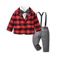 Load image into Gallery viewer, 3 Pieces Set Baby Kid Boys Checked Jackets Outwears And Solid Color Bow Shirts And Pants Suits Wholesale 220916541
