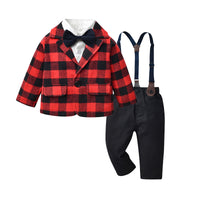 Load image into Gallery viewer, 3 Pieces Set Baby Kid Boys Checked Jackets Outwears And Solid Color Bow Shirts And Pants Suits Wholesale 220916541
