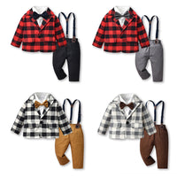 Load image into Gallery viewer, 3 Pieces Set Baby Kid Boys Checked Jackets Outwears And Solid Color Bow Shirts And Pants Suits Wholesale 220916541
