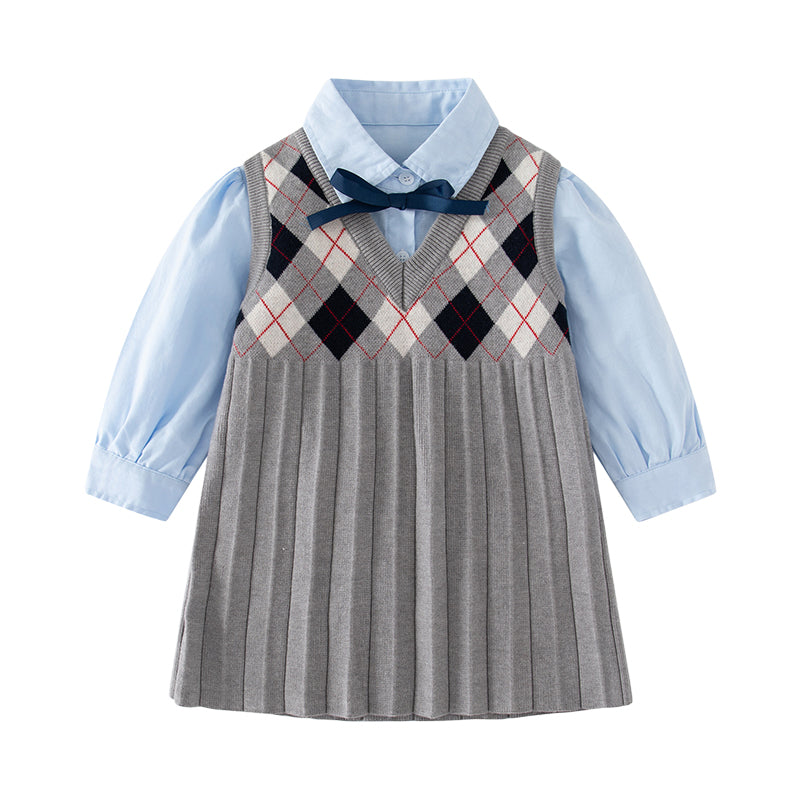 2 Pieces Set Baby Kid Girls Solid Color Blouses And Checked Dresses Wholesale 220916546