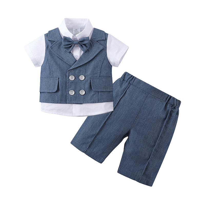 2 Pieces Set Baby Kid Boys Birthday Party Color-blocking Bow Tops And Solid Color Shorts Wholesale 220920127