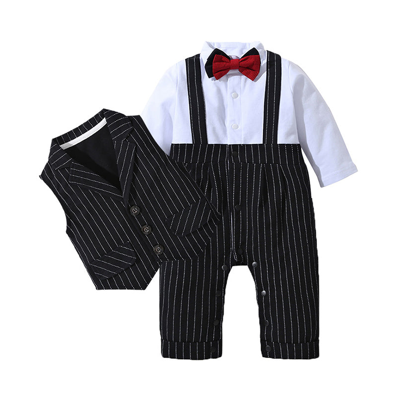 2 Pieces Set Baby Boys Birthday Striped Color-blocking Bow Jumpsuits And Vests Waistcoats Wholesale 22092019