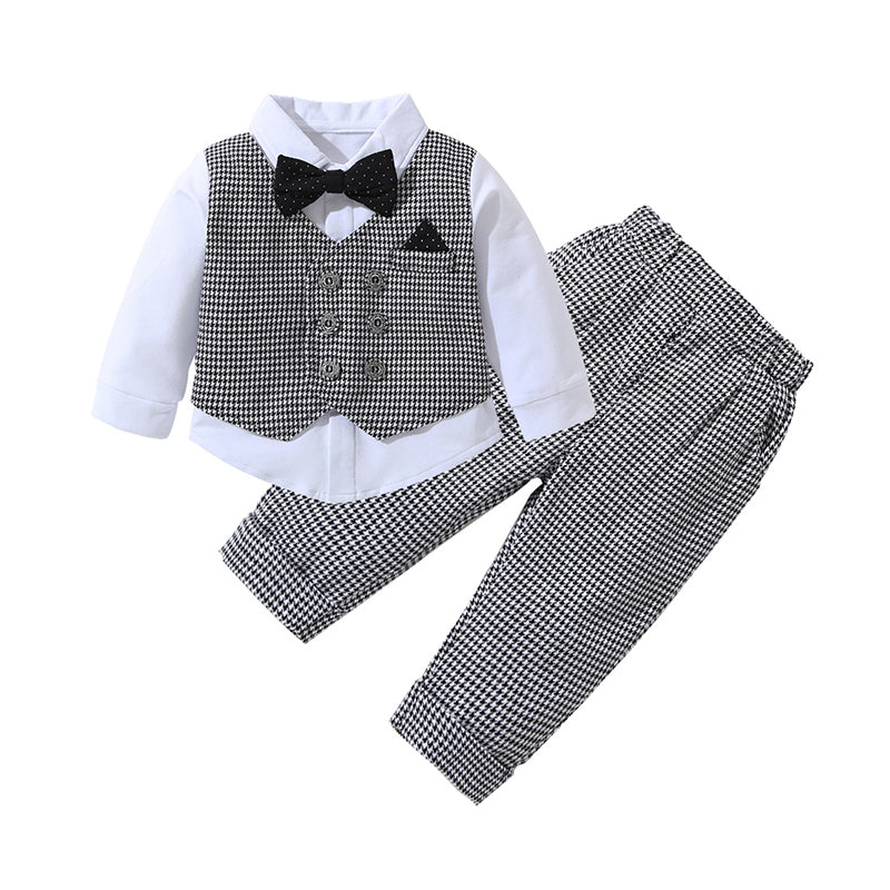 2 Pieces Set Baby Kid Boys Birthday Striped Color-blocking Houndstooth Bow Tops And Pants Wholesale 22092020