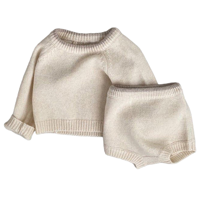 2 Pieces Set Baby Unisex Solid Color Muslin&Ribbed Sweaters And Shorts Wholesale 220920300