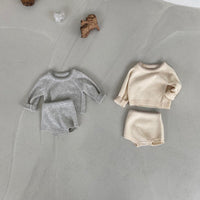 Load image into Gallery viewer, 2 Pieces Set Baby Unisex Solid Color Muslin&amp;Ribbed Sweaters And Shorts Wholesale 220920300

