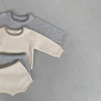 Load image into Gallery viewer, 2 Pieces Set Baby Unisex Solid Color Muslin&amp;Ribbed Sweaters And Shorts Wholesale 220920300
