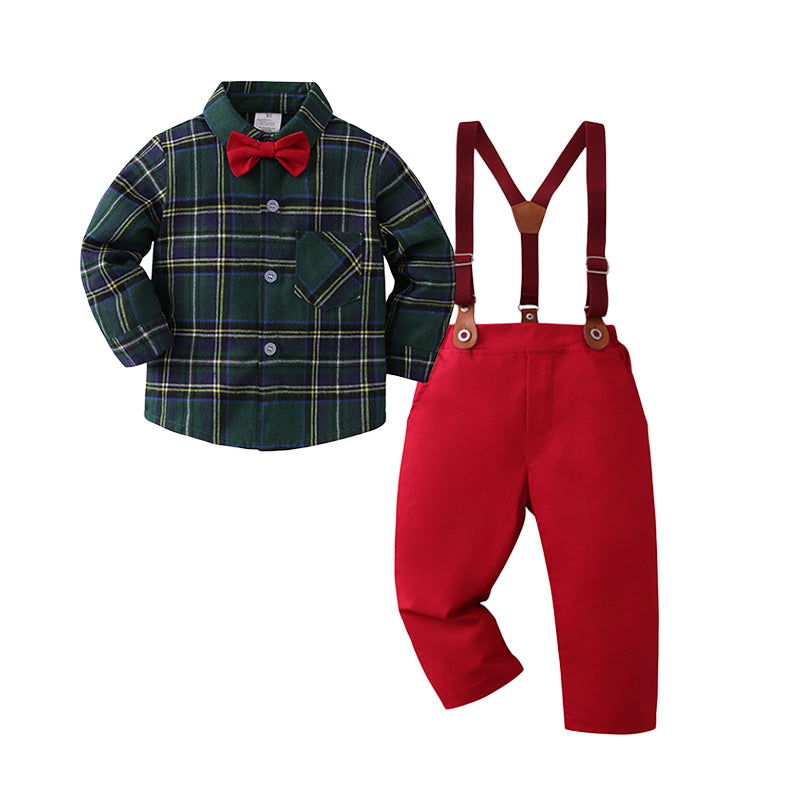 2 Pieces Set Baby Kid Boys Birthday Party Checked Bow Shirts And Solid Color Jumpsuits Wholesale 220920390