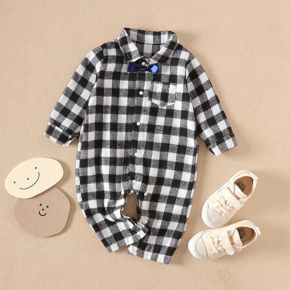 Baby Unisex Checked Bow Birthday Party Jumpsuits Wholesale 220920404