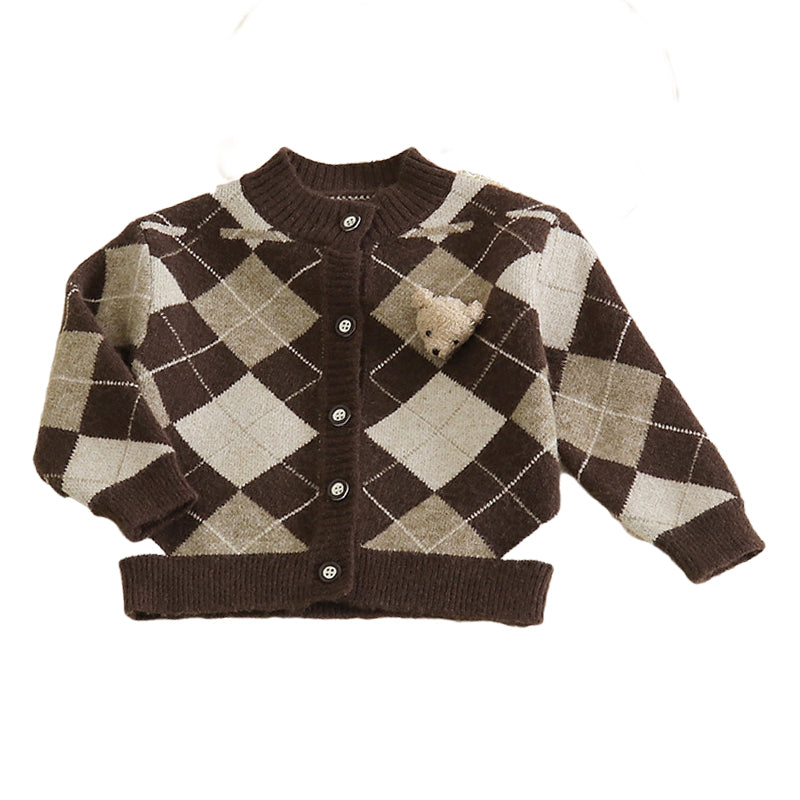 Baby Kid Unisex Checked Cartoon Cardigan Knitwear Wholesale 220920448