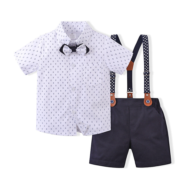 2 Pieces Set Baby Kid Boys Birthday Party Bow Print Shirts And Solid Color Rompers Wholesale 22092053