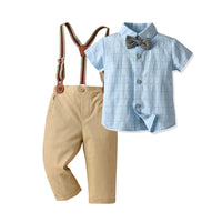 Load image into Gallery viewer, 2 Pieces Set Baby Kid Boys Birthday Party Checked Bow Shirts And Solid Color Jumpsuits Wholesale 22092067

