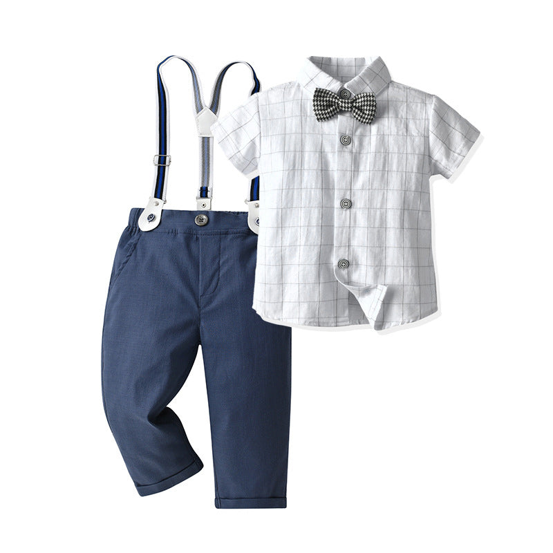 2 Pieces Set Baby Kid Boys Birthday Party Checked Bow Shirts And Solid Color Jumpsuits Wholesale 22092067
