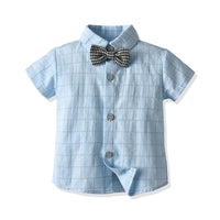 Load image into Gallery viewer, 2 Pieces Set Baby Kid Boys Birthday Party Checked Bow Shirts And Solid Color Jumpsuits Wholesale 22092067
