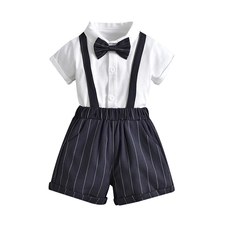 2 Pieces Set Baby Kid Boys Birthday Party Solid Color Bow Shirts And Striped Rompers Wholesale 22092080