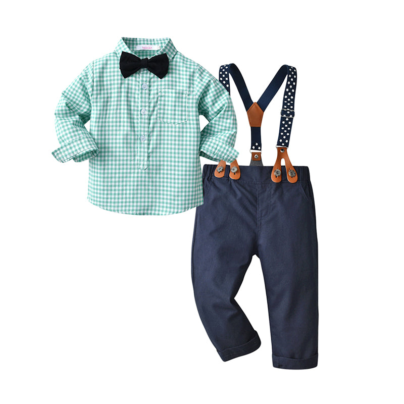 2 Pieces Set Baby Boys Birthday Party Checked Bow Shirts And Solid Color Jumpsuits Wholesale 22092098