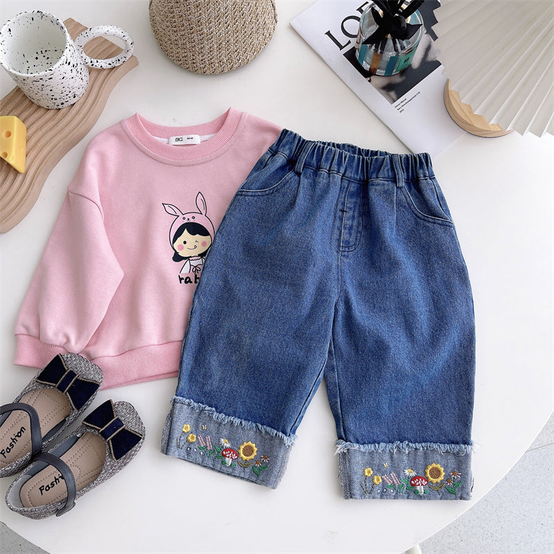 Baby Kid Girls Flower Embroidered Jeans Wholesale 220922101