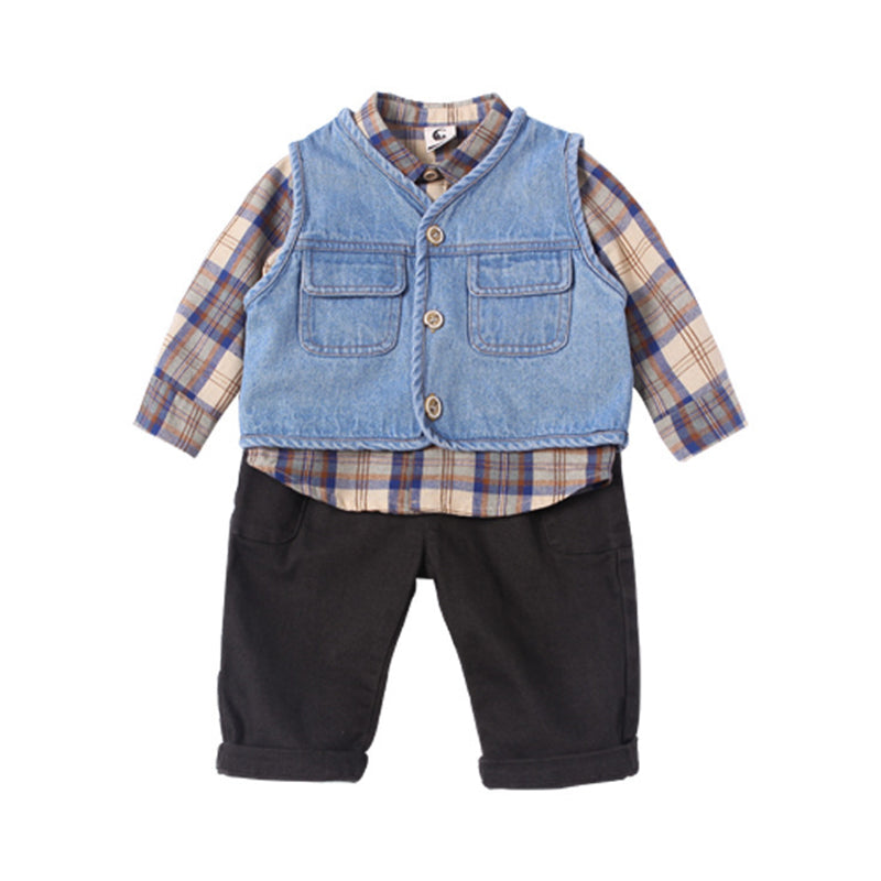 3 Pieces Set Baby Kid Boys Solid Color Vests Waistcoats Checked Shirts And Pants Wholesale 22092227