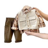 Load image into Gallery viewer, 3 Pieces Set Baby Kid Boys Solid Color Vests Waistcoats Checked Shirts And Pants Wholesale 22092227
