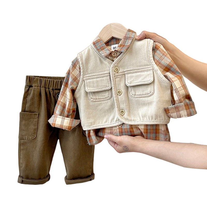 3 Pieces Set Baby Kid Boys Solid Color Vests Waistcoats Checked Shirts And Pants Wholesale 22092227