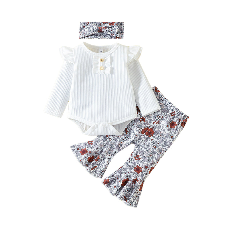 3 Pieces Set Baby Girls Solid Color Muslin&Ribbed Rompers And Flower Print Pants And Bow Headwear Wholesale 220922492