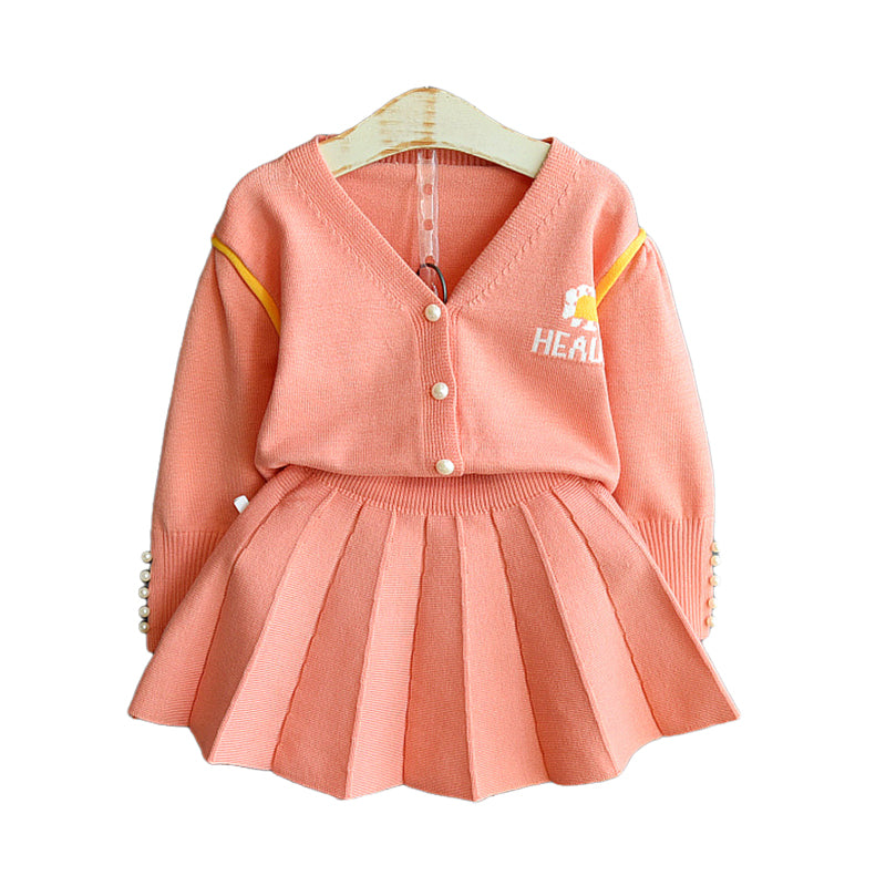 2 Pieces Set Baby Kid Girls Letters Crochet Cardigan And Solid Color Skirts Wholesale 22092702