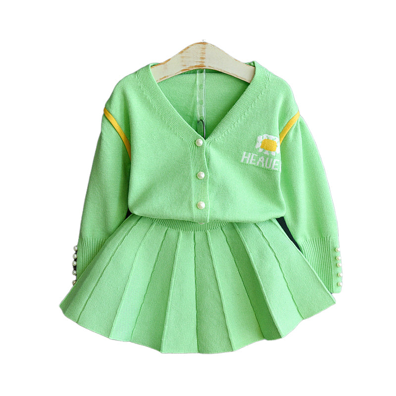 2 Pieces Set Baby Kid Girls Letters Crochet Cardigan And Solid Color Skirts Wholesale 22092702