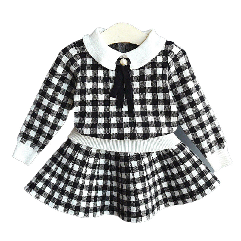 2 Pieces Set Baby Kid Girls Checked Sweaters And Skirts Wholesale 22092703