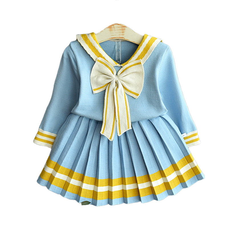 2 Pieces Set Baby Kid Girls Bow Sweaters And Striped Skirts Wholesale 22092705