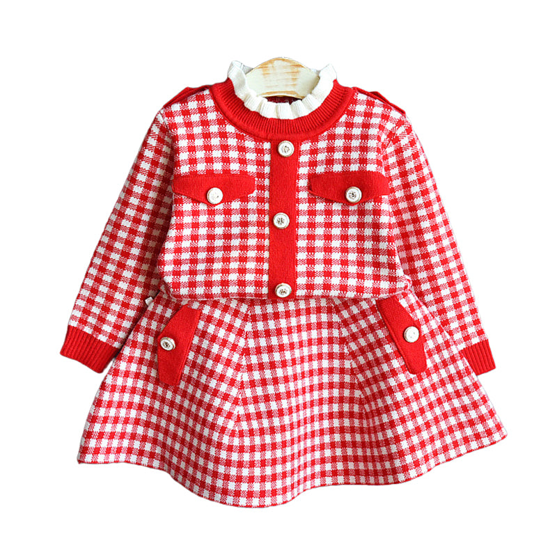 2 Pieces Set Baby Kid Girls Houndstooth Cardigan And Skirts Wholesale 22092710