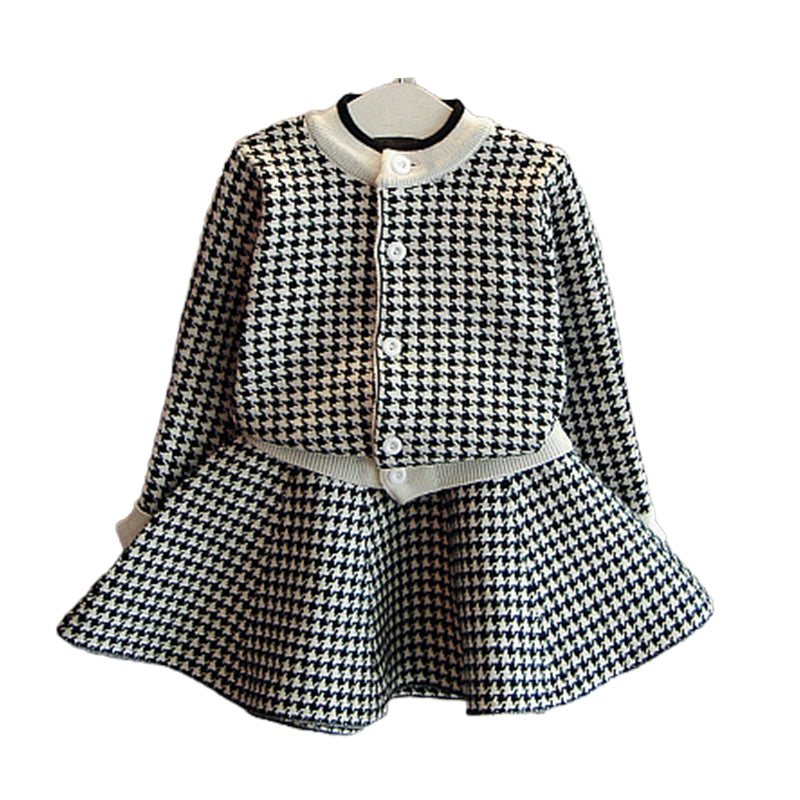 2 Pieces Set Baby Kid Girls Houndstooth Cardigan And Skirts Wholesale 22092711