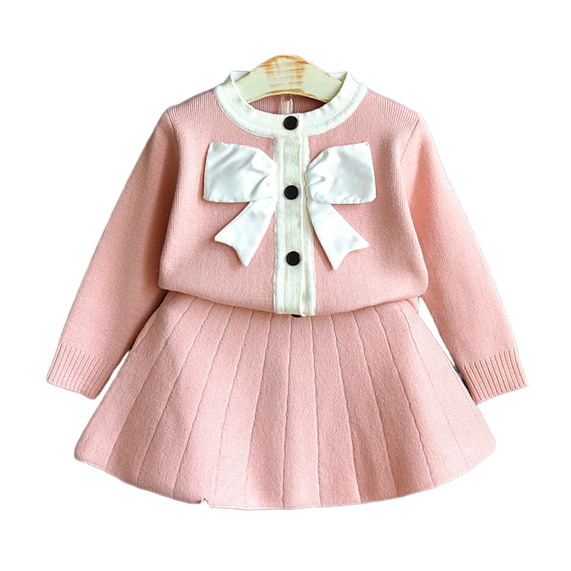 2 Pieces Set Baby Kid Girls Bow Cardigan And Solid Color Skirts Wholesale 22092715