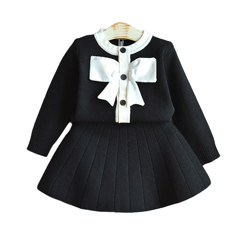2 Pieces Set Baby Kid Girls Bow Cardigan And Solid Color Skirts Wholesale 22092715