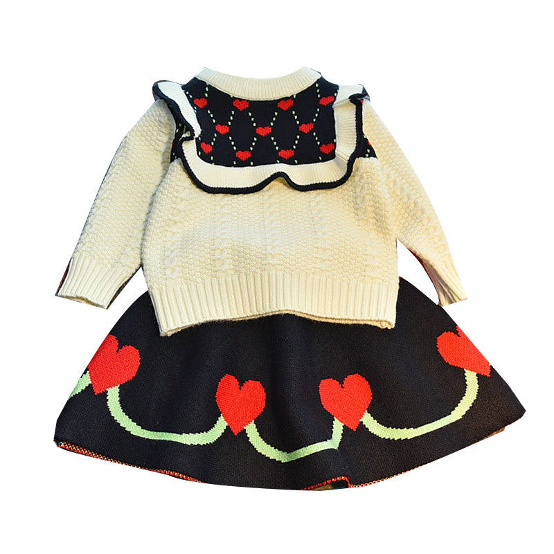 2 Pieces Set Baby Kid Girls Valentine's Day Love heart Crochet Sweaters And Skirts Wholesale 220927200