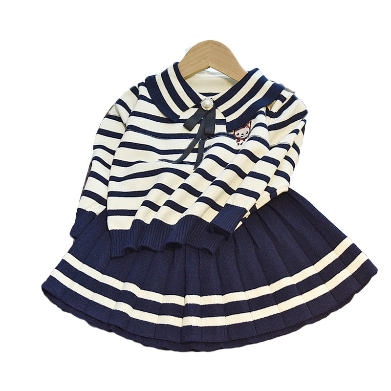 2 Pieces Set Baby Kid Girls Striped Cartoon Bow Crochet Sweaters And Skirts Wholesale 220927201