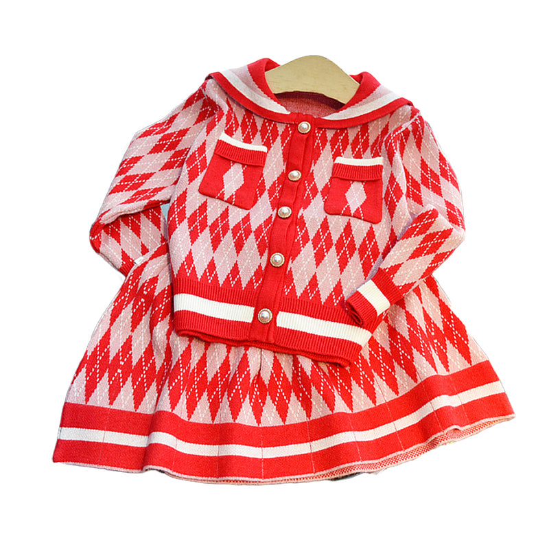 2 Pieces Set Baby Kid Girls Checked Crochet Cardigan And Skirts Wholesale 220927245