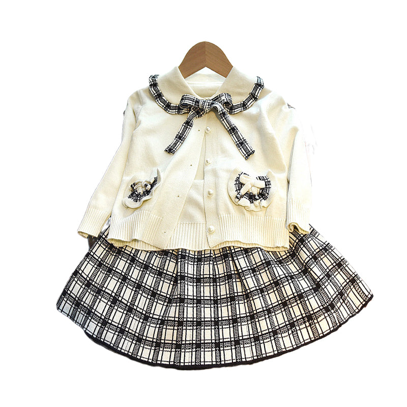 2 Pieces Set Baby Kid Girls Color-blocking Cardigan And Checked Skirts Wholesale 220927274