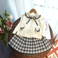 Load image into Gallery viewer, 2 Pieces Set Baby Kid Girls Color-blocking Cardigan And Checked Skirts Wholesale 220927274
